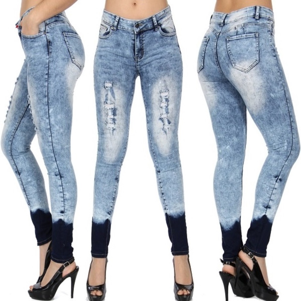 Blue Acid Wash Distressed Ombre Ankle Skinny Jeans